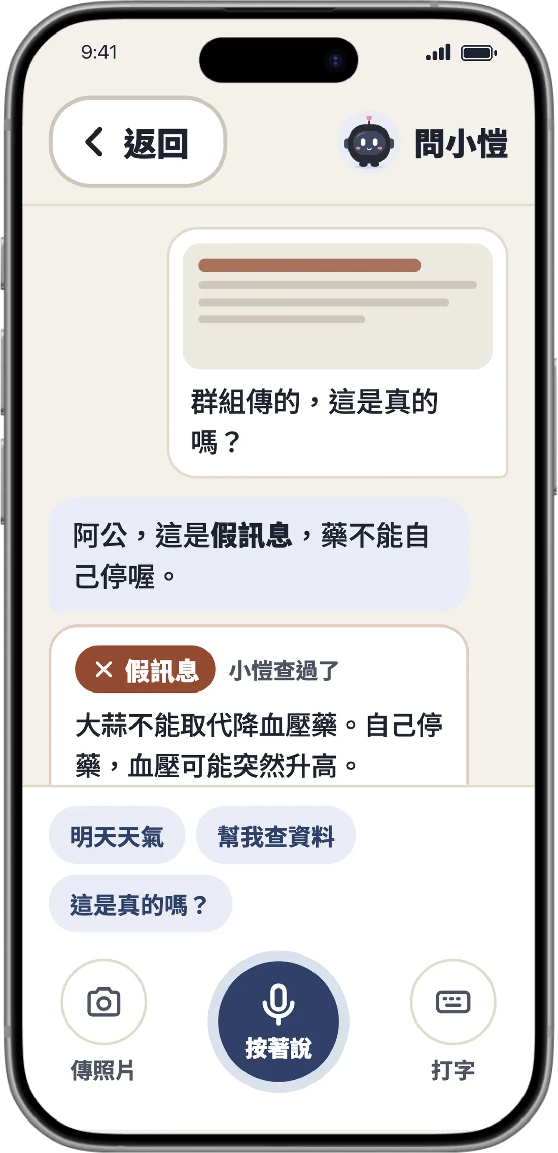 問小愷 — 問答畫面為設計示意